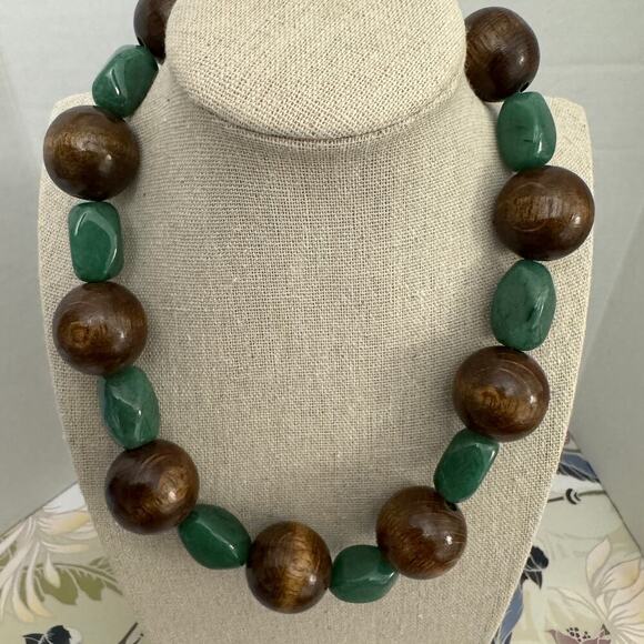 Green Natural Adventurine Stones Choker Chunky Necklace Wood Balls - Picture 1 of 8